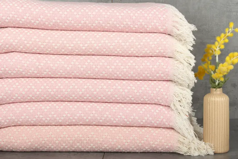 Personalized Blanket Herringbone Throw Light Powder Pink Cotton, 67x75 Inches