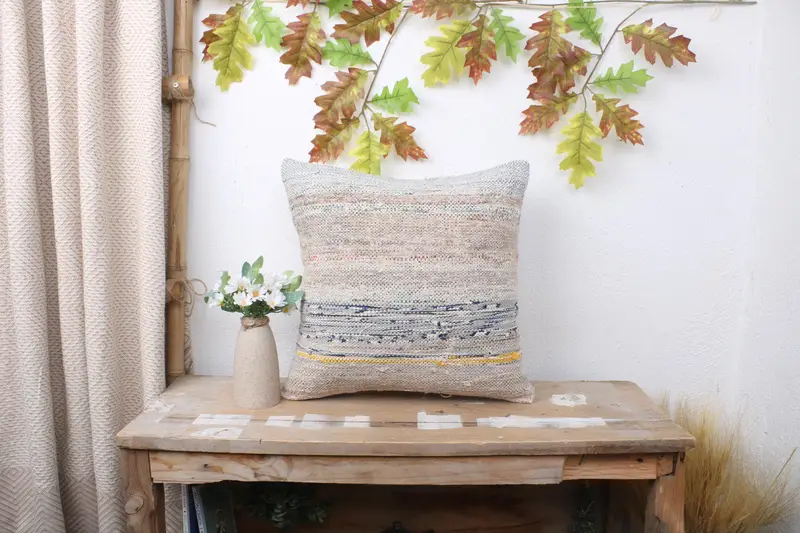 Rustic Pillow Cover, Ethnical Kilim Rug Pillow, Pillow for Couch, Office Chair Pillow, Pillow Case, 16x16 Beige Pillow, Boho Pillow - 1