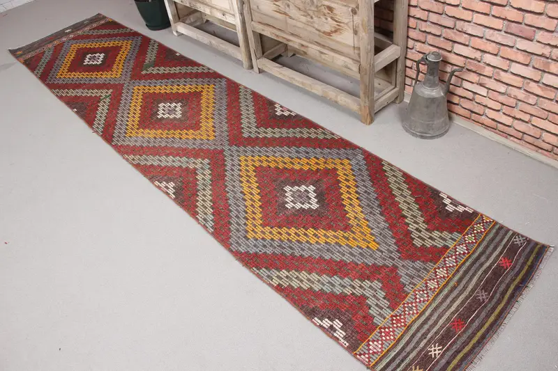 2.3x11.3 ft Türk Yolluk Halısı, Kırmızı Sarı Vintage Çiçekli Yün Halı - 1