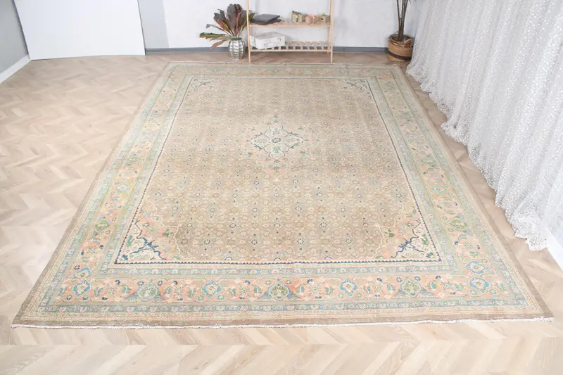 Türk Vintage Oushak Halı 9.4x12.9 ft, Mavi Büyük Boy Çizgili Yün Halı - 1