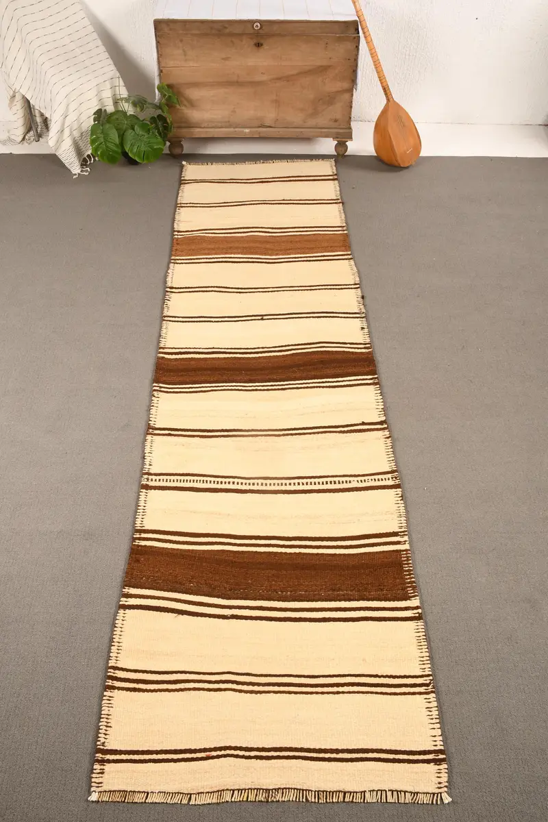 2,9x10,7 ft türkischer Teppich, Kelimteppich, beige Tarnteppichwolle - 1