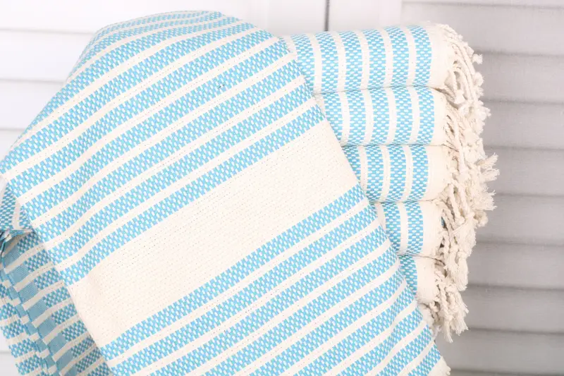 Striped Towel Turquoise Cotton, Beach Towel Gift, 40x71 Inches
