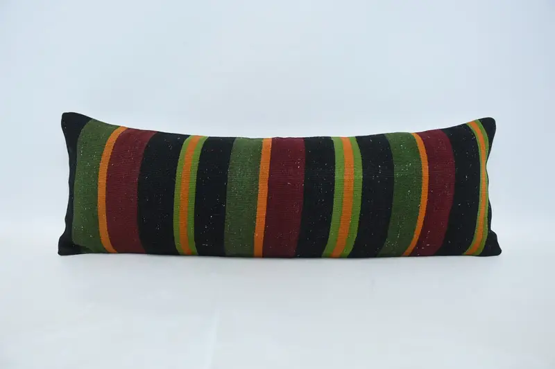 Striped Vintage Pillowcase, Wool Moroccan 12x36 inch Green Cushion - 1