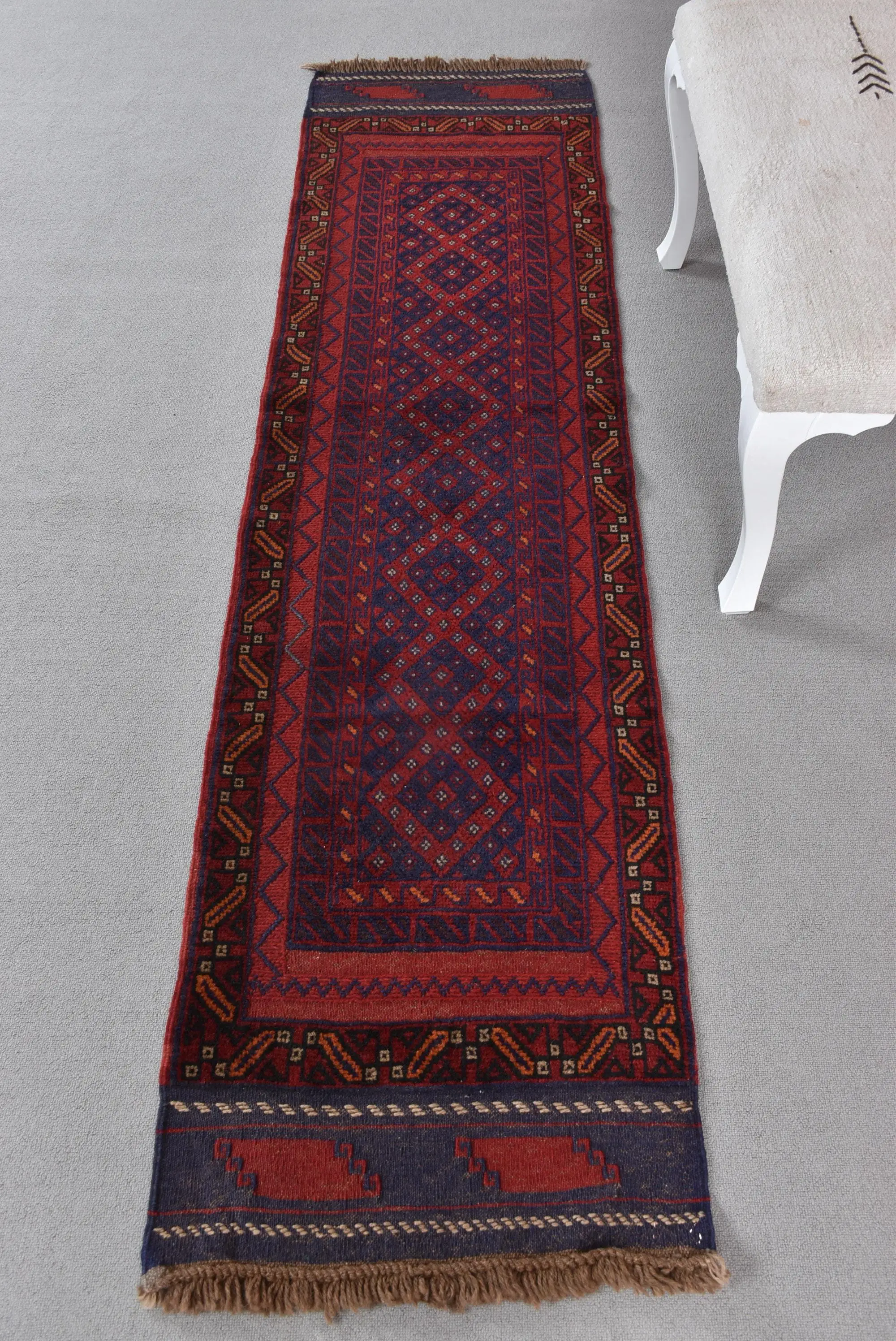 Turkish 1.9x7.9 ft Rug, Runner Vintage Rug, Red Blue Plants & trees Wool Rug - 1