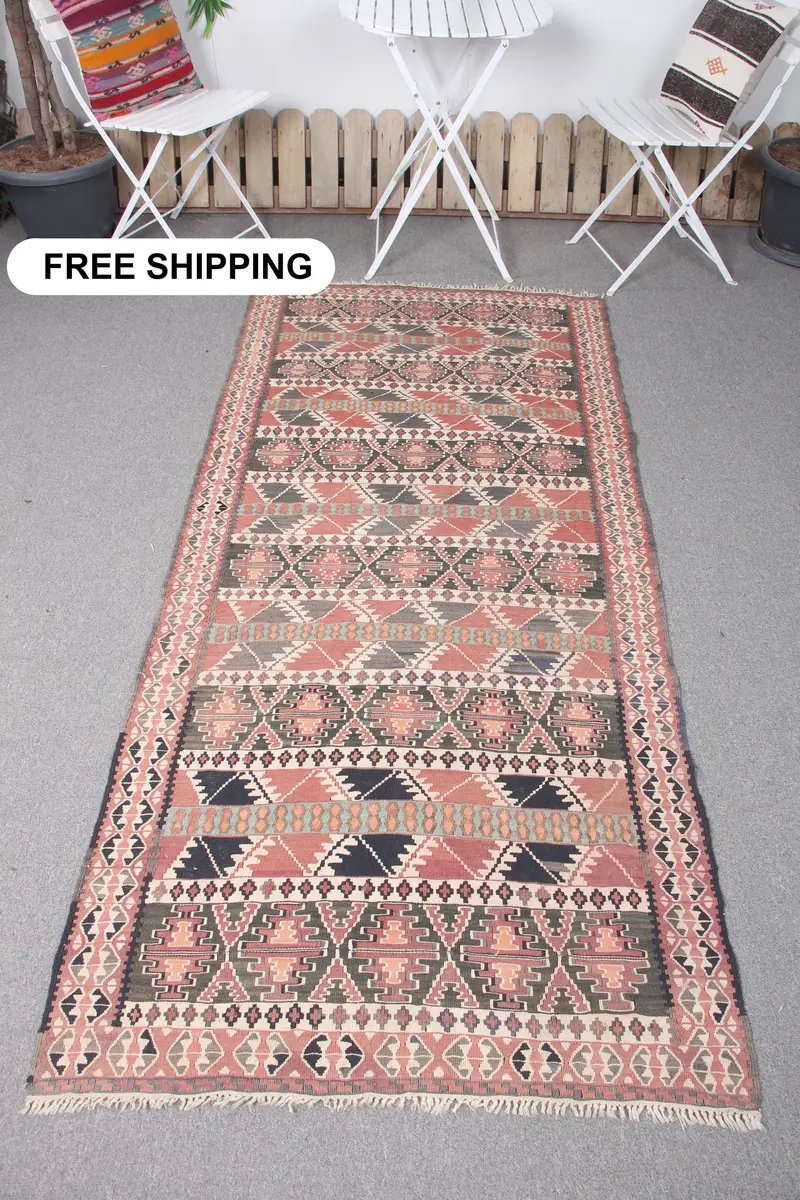 オレンジ&グリーンラグ、3.3x7.5フィートストライプ幾何学模様デザイン