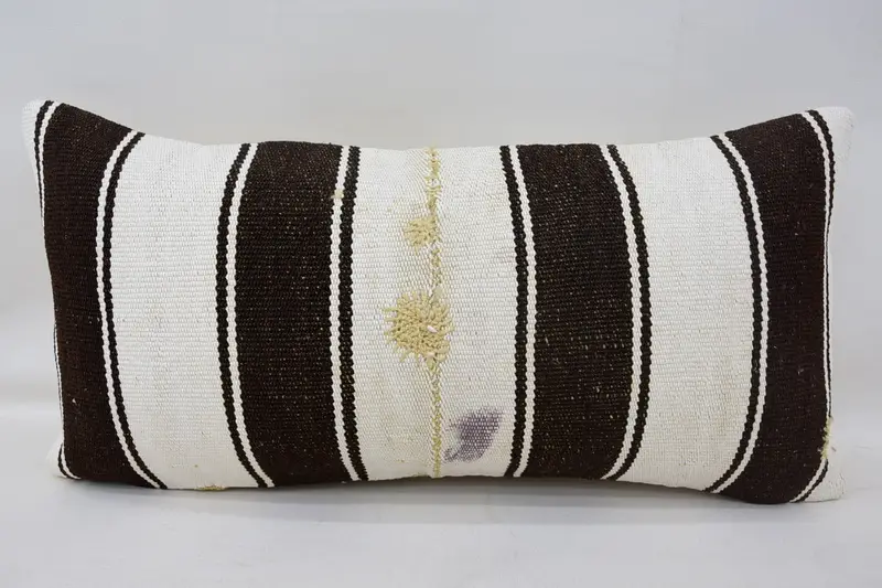 Vintage Moroccan White Cushion, 12x24 inch Striped Wool Pillowcase - 1