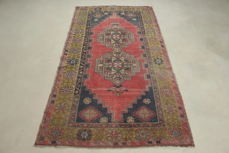 Roter und blauer Teppich, 3,8 x 7,2 Fuß, elegantes Randdesign