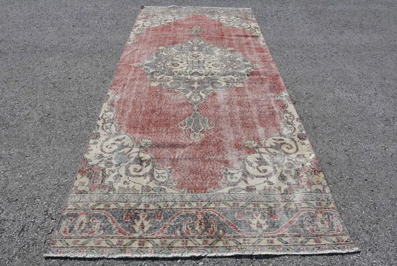 4,6x11,3 ft türkischer Vintage Teppich, großer Teppich, roter Oushak-Tarnteppich - 1