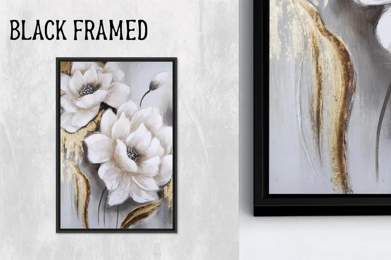 Modern Lüks Altın Salon Kanvas: Zarif Beyaz Çiçek Baskı