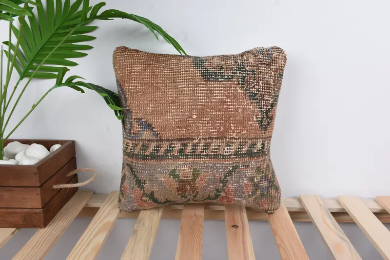 Pillow Sham, Vintage Kilim Throw Pillow, Indoor Cushion, 14x14 Brown Cushion, Boho Pillow Sham Cover, Ethnical Kilim Rug Pillow - 1