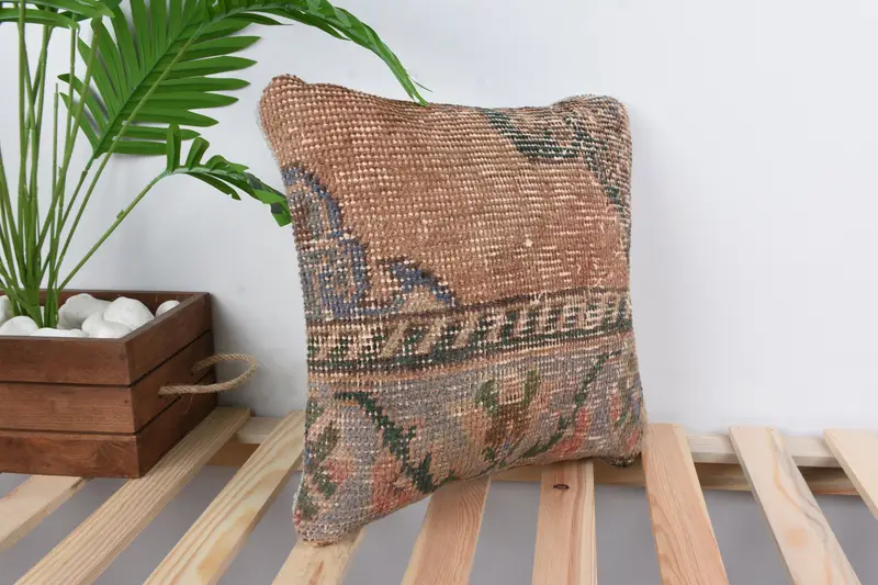 Pillow Sham, Vintage Kilim Throw Pillow, Indoor Cushion, 14x14 Brown Cushion, Boho Pillow Sham Cover, Ethnical Kilim Rug Pillow - 4