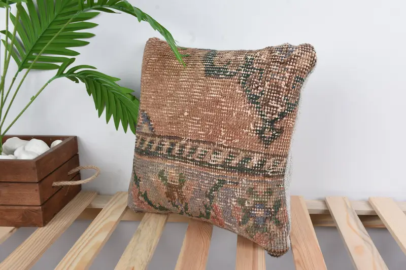 Pillow Sham, Vintage Kilim Throw Pillow, Indoor Cushion, 14x14 Brown Cushion, Boho Pillow Sham Cover, Ethnical Kilim Rug Pillow - 5