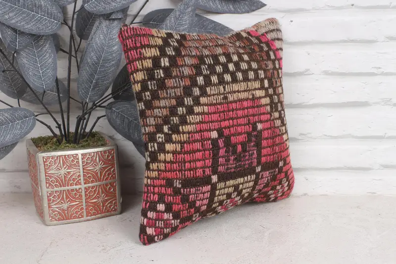 Southwestern Cushion Cover, Ethnical Kilim Rug Pillow, Tapestry Pillow, Pillow for Sofa, Handmade Kilim Cushion, 12x12 Pink Pillow Case, Pillow - 4