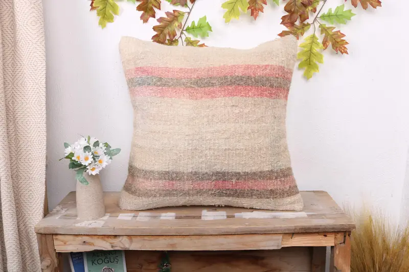 Pillow Case, Boho Pillow Sham Cover, Turkish Kilim Pillow, 20x20 Beige Pillow Case, Meditation Pillow Case, Handmade Kilim Cushion - 1