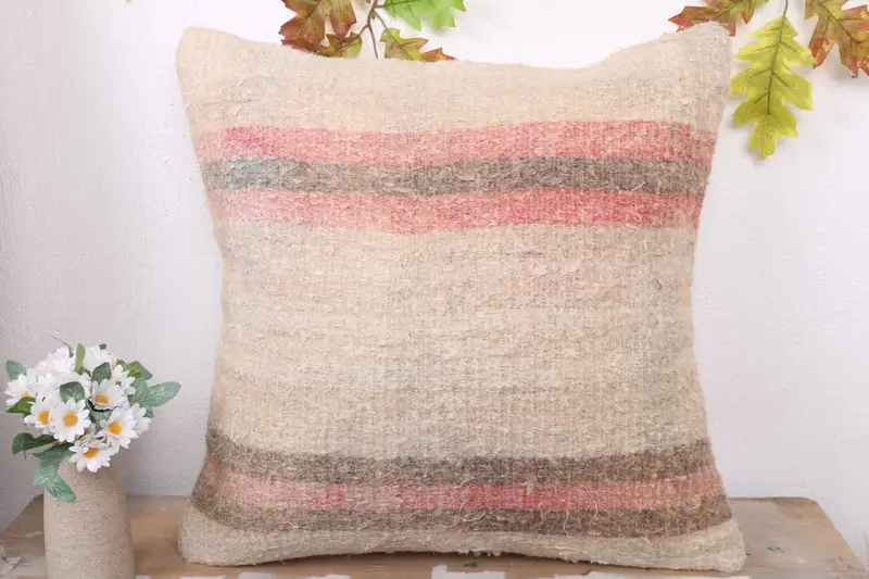 Pillow Case, Boho Pillow Sham Cover, Turkish Kilim Pillow, 20x20 Beige Pillow Case, Meditation Pillow Case, Handmade Kilim Cushion - 2
