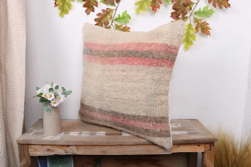 Pillow Case, Boho Pillow Sham Cover, Turkish Kilim Pillow, 20x20 Beige Pillow Case, Meditation Pillow Case, Handmade Kilim Cushion - 4