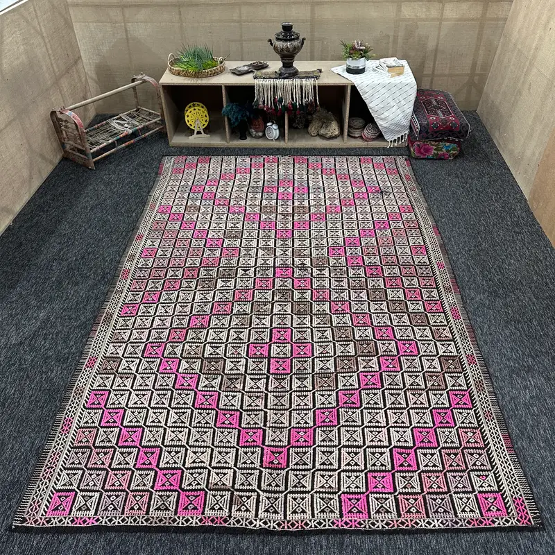 Turkish 6.4x9.7 ft Rug, Kilim Vintage Rug, Pink Geometric Wool Rug - 1