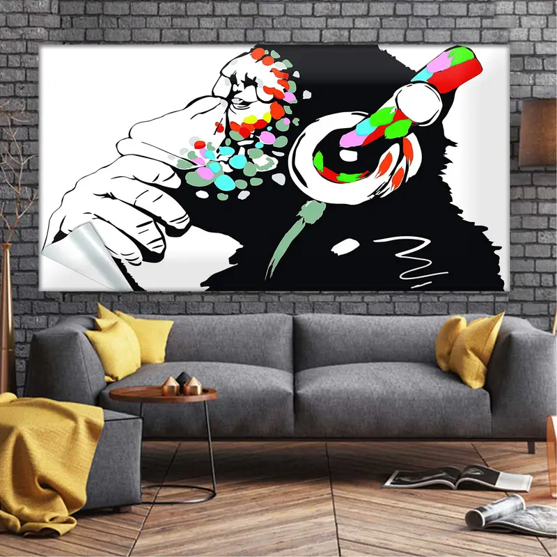 Banksy Thinking Monkey Canvas, Dj Monkey In Headphones Framed, Wall Art, Music Art, Street Art, Wall Decor, Canvas Art Print, Animal Print - 1