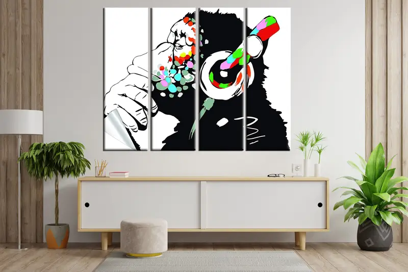 Banksy Thinking Monkey Canvas, Dj Monkey In Headphones Framed, Wall Art, Music Art, Street Art, Wall Decor, Canvas Art Print, Animal Print - 7