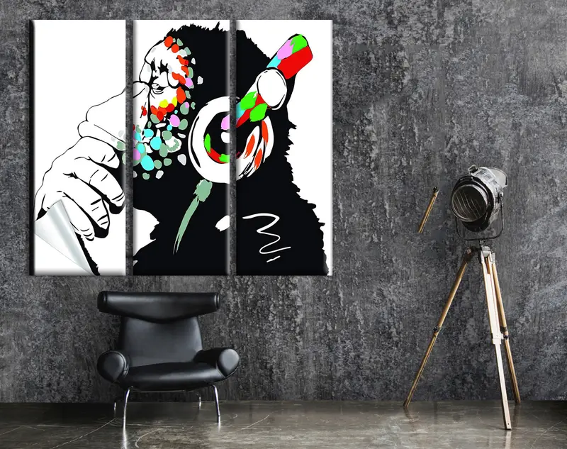 Banksy Thinking Monkey Canvas, Dj Monkey In Headphones Framed, Wall Art, Music Art, Street Art, Wall Decor, Canvas Art Print, Animal Print - 2