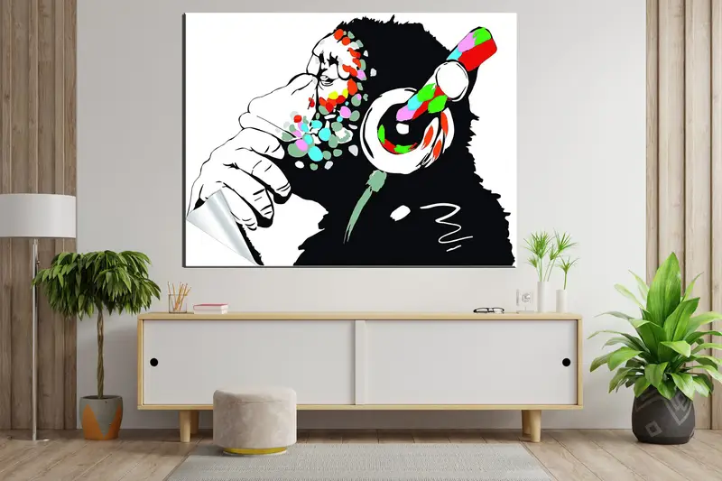 Banksy Thinking Monkey Canvas, Dj Monkey In Headphones Framed, Wall Art, Music Art, Street Art, Wall Decor, Canvas Art Print, Animal Print - 6