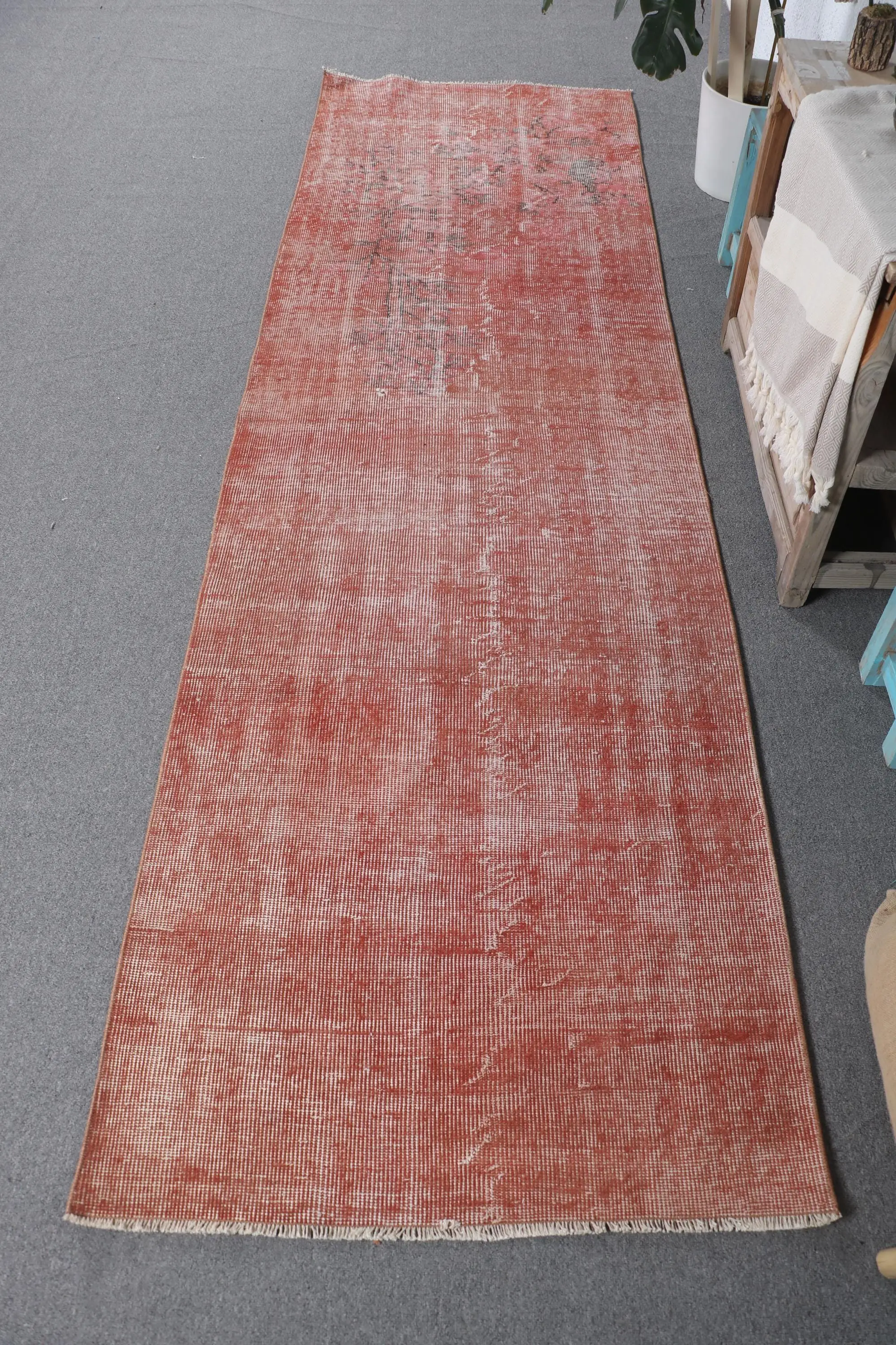 Turkish Vintage Rug, 3x9.9 ft Rug, Red Gray Striped Rug - 1