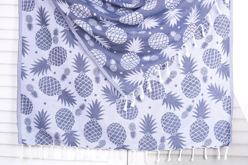 Navy Pineapple Pattern Beach Towel Organic Cotton or Linen, 36x71 Inches