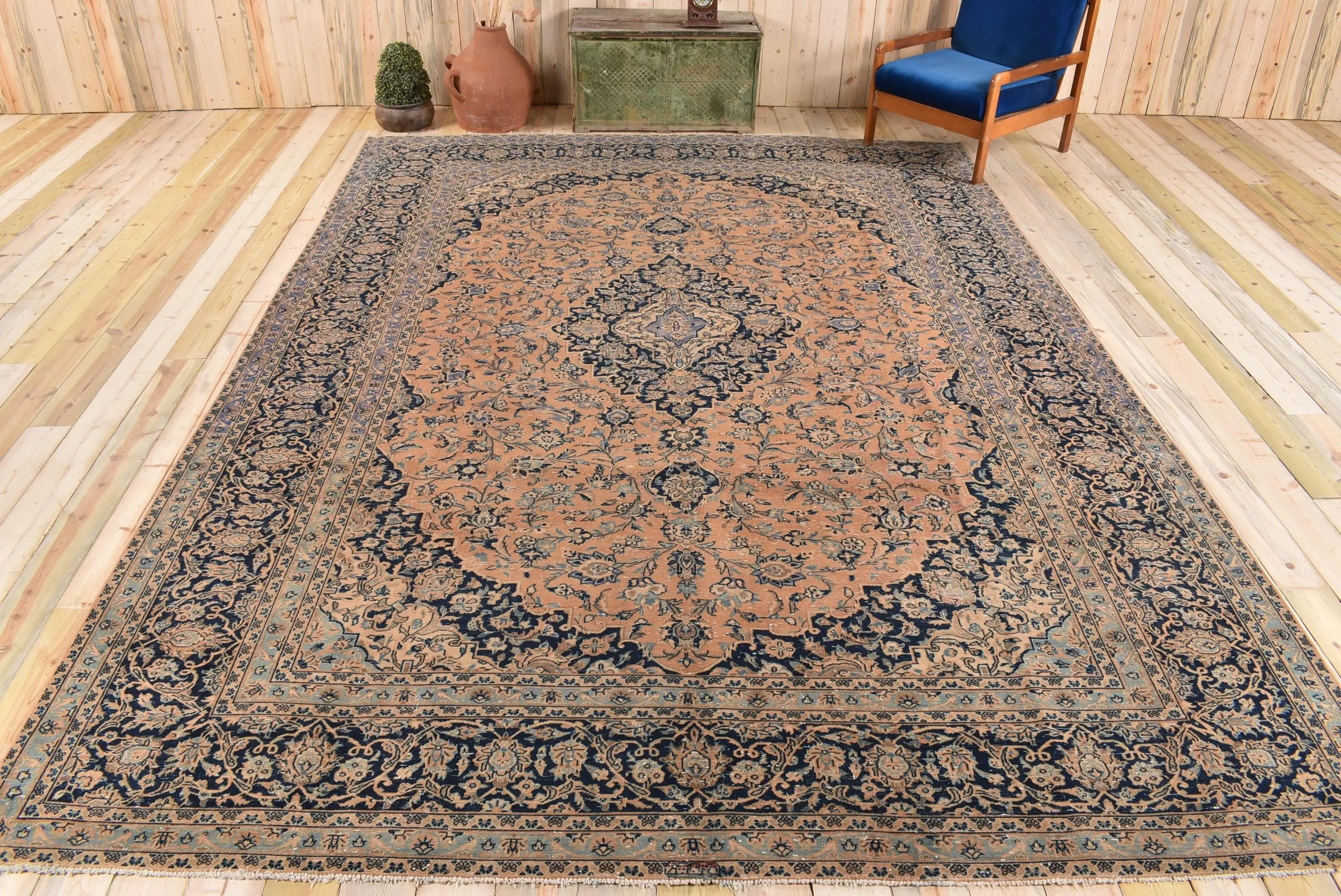 Turkish Vintage Oversize Rug 9.5x13.3 ft, Blue Brown Plants & trees Rug - 1