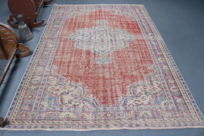 Türk Halısı, Büyük 5.9x8.7 ft Halı, Oushak Kırmızı Bordürlü Halı - 1