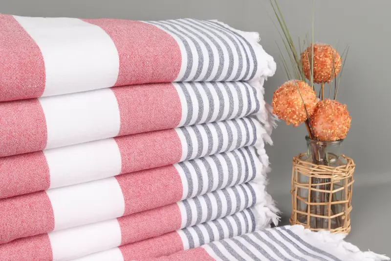 Personalized Turkish Organic Towel Red-Navy Blue Stripes, 36x67 Inches