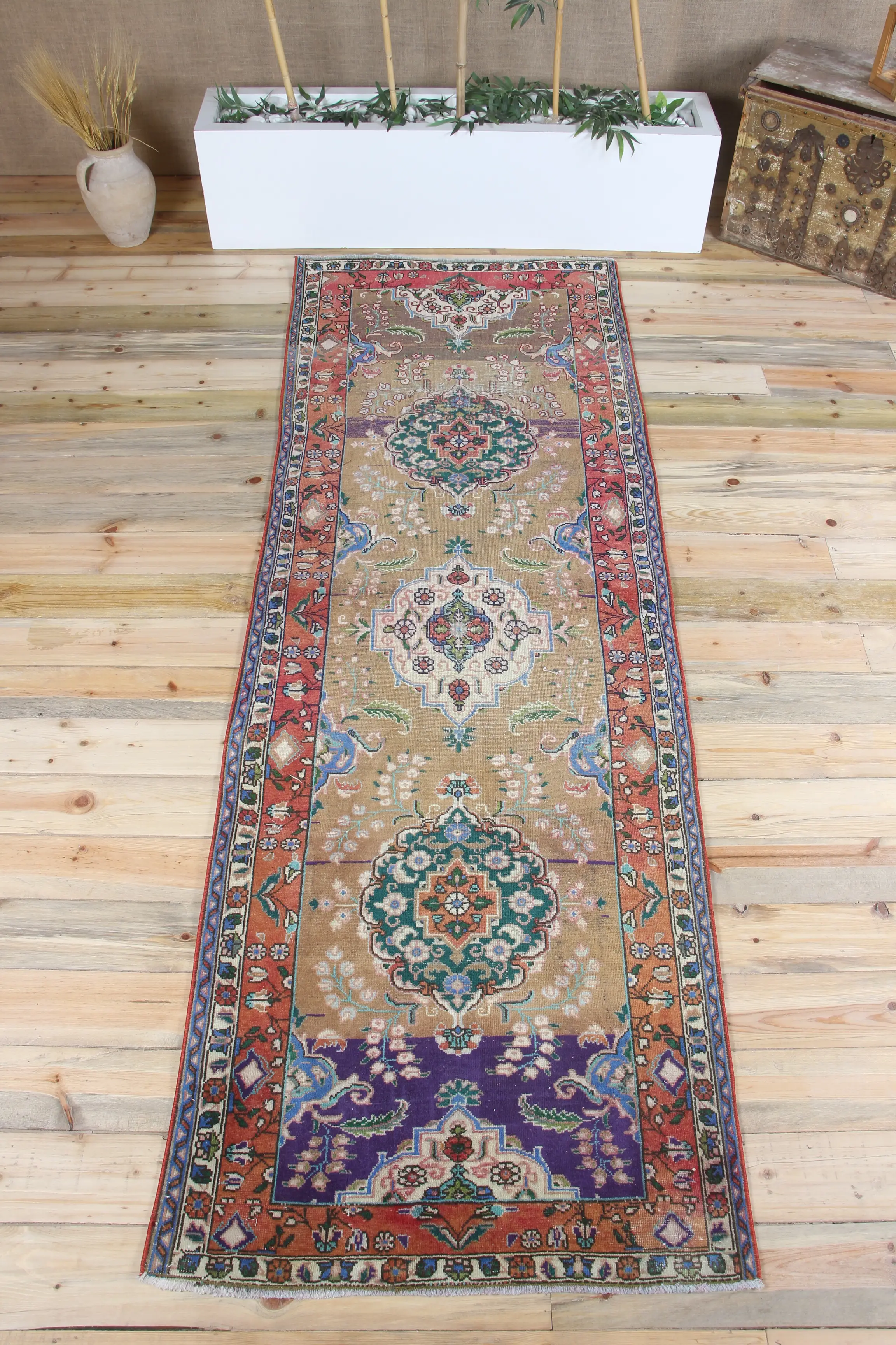 Vintage Turkish Oushak Runner Rug 3.1x9.5 ft, Rainbow Floral Rug - 1