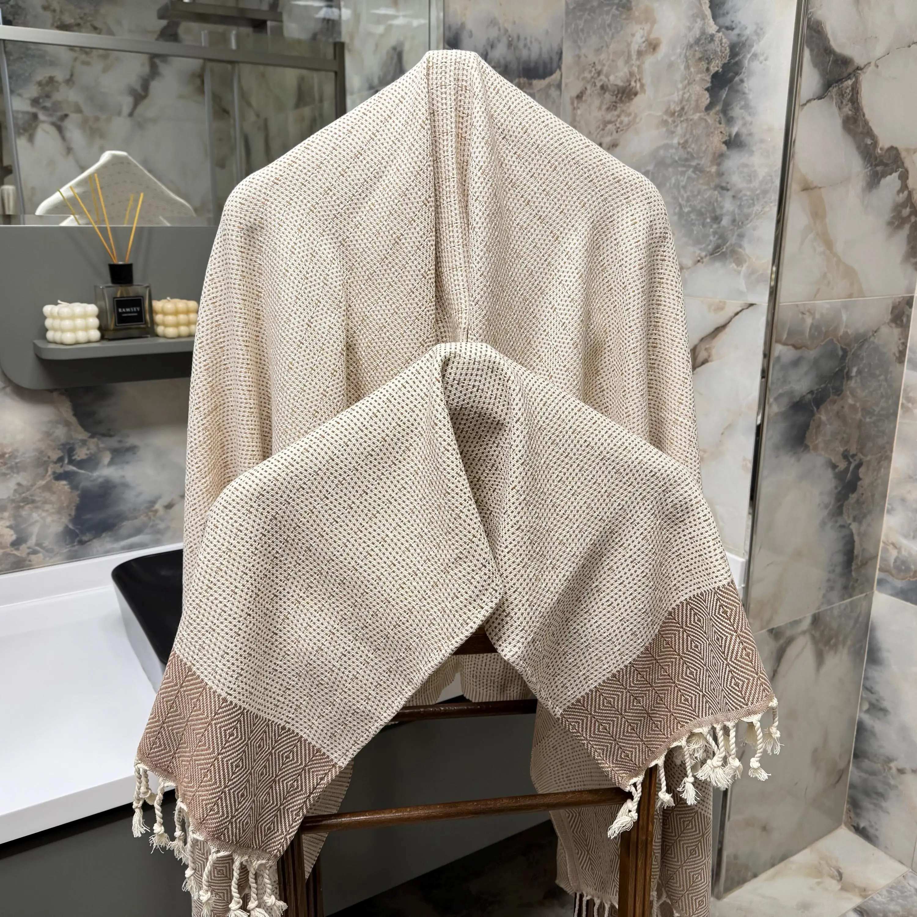 Personalized Turkish Peshtemal Towel Handwoven Organic Cotton Beige, 100x180 cm - 1