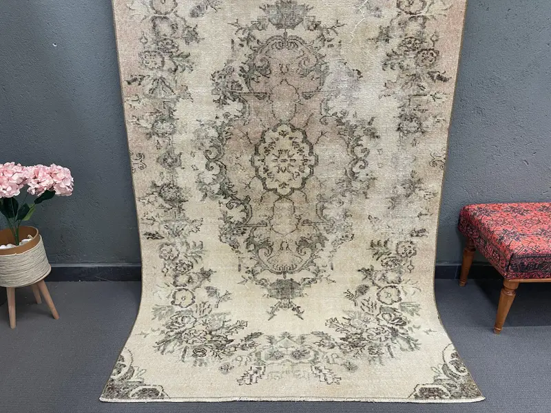 4.7x7.9 ft Oushak Rug, Vintage Turkish Rug, Brown Green Rug - 1