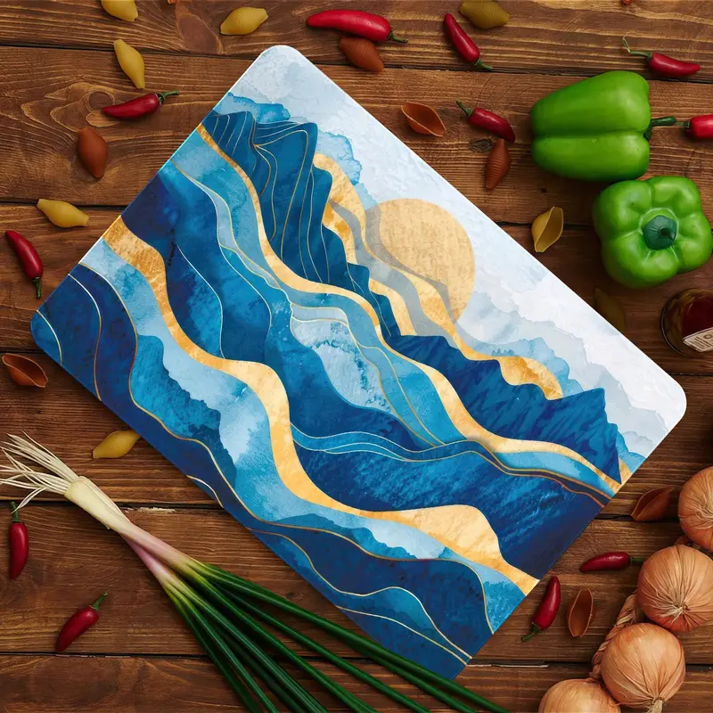 抽象的な波ガラスのまな板、青い海の太陽のデザイン