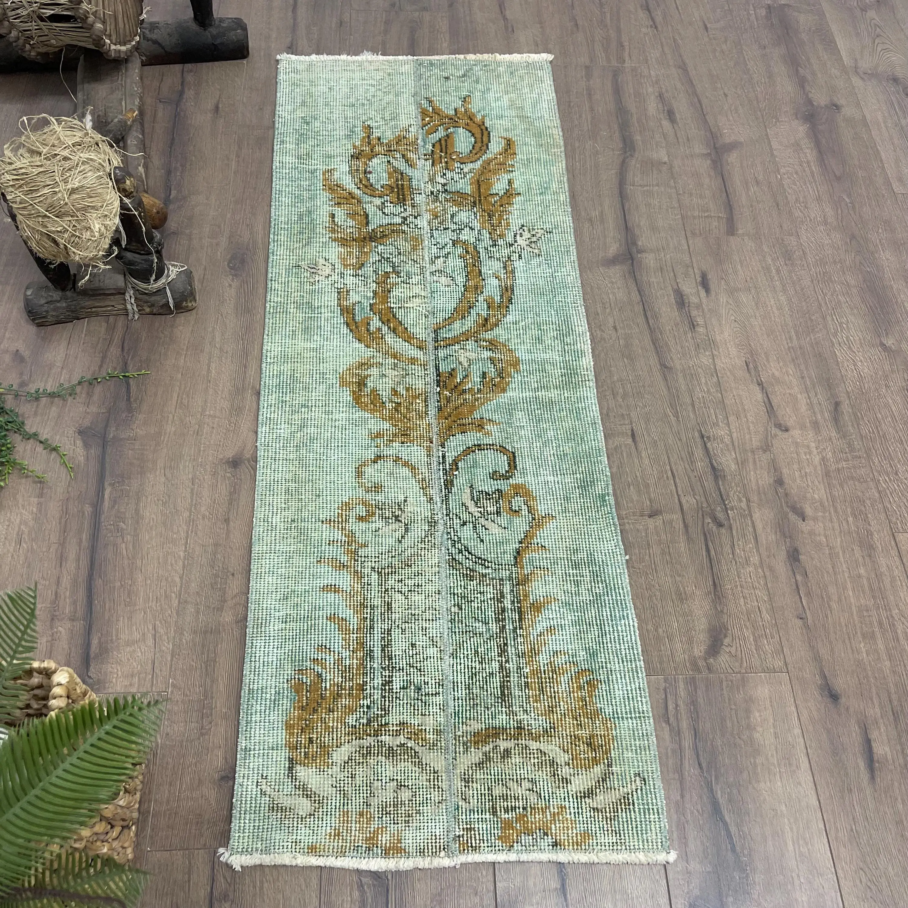 1.6x4.6 ft Small Vintage Turkish Rug, Green Camouflage Wool Rug - 1