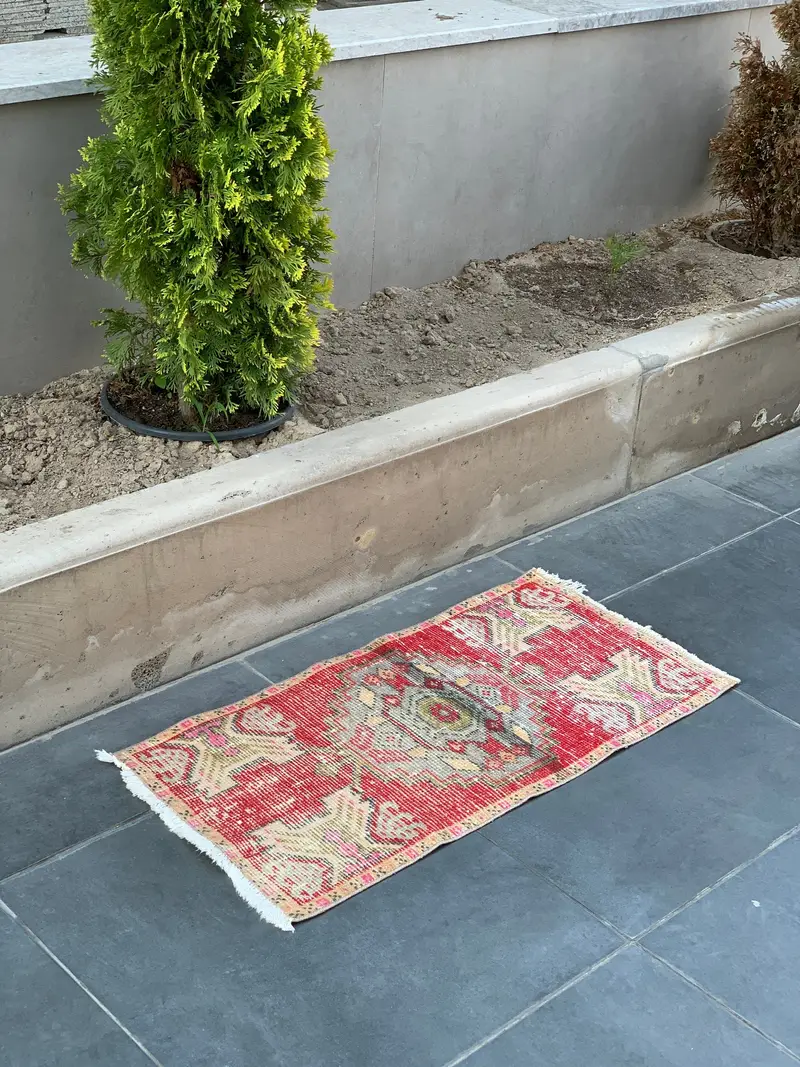 Red Oriental Rug, 1.5x3.05 ft Elegant Red-Beige Decor