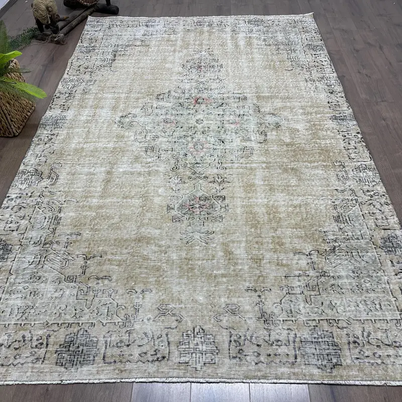 Oushak Turkish Rug, 5.9x9.4 ft Vintage Rug, Brown Camouflage Wool Rug - 1