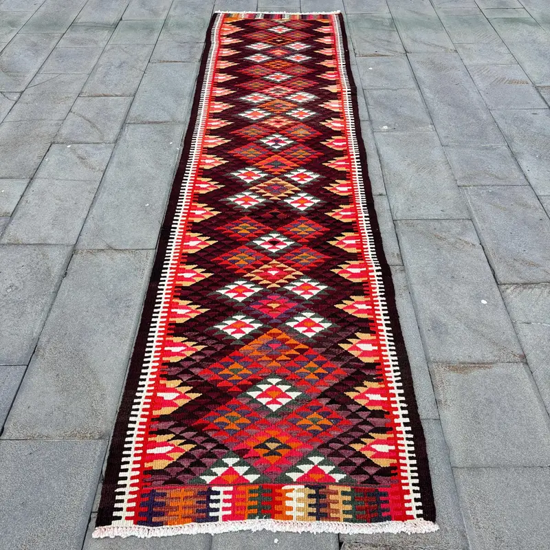 2,7x11,1 ft Halı, Mor & Kırmızı Kamuflaj Desenli