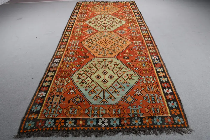 鮮やかな5.1x11.8フィートのラグ、オレンジ&グリーンのイカット