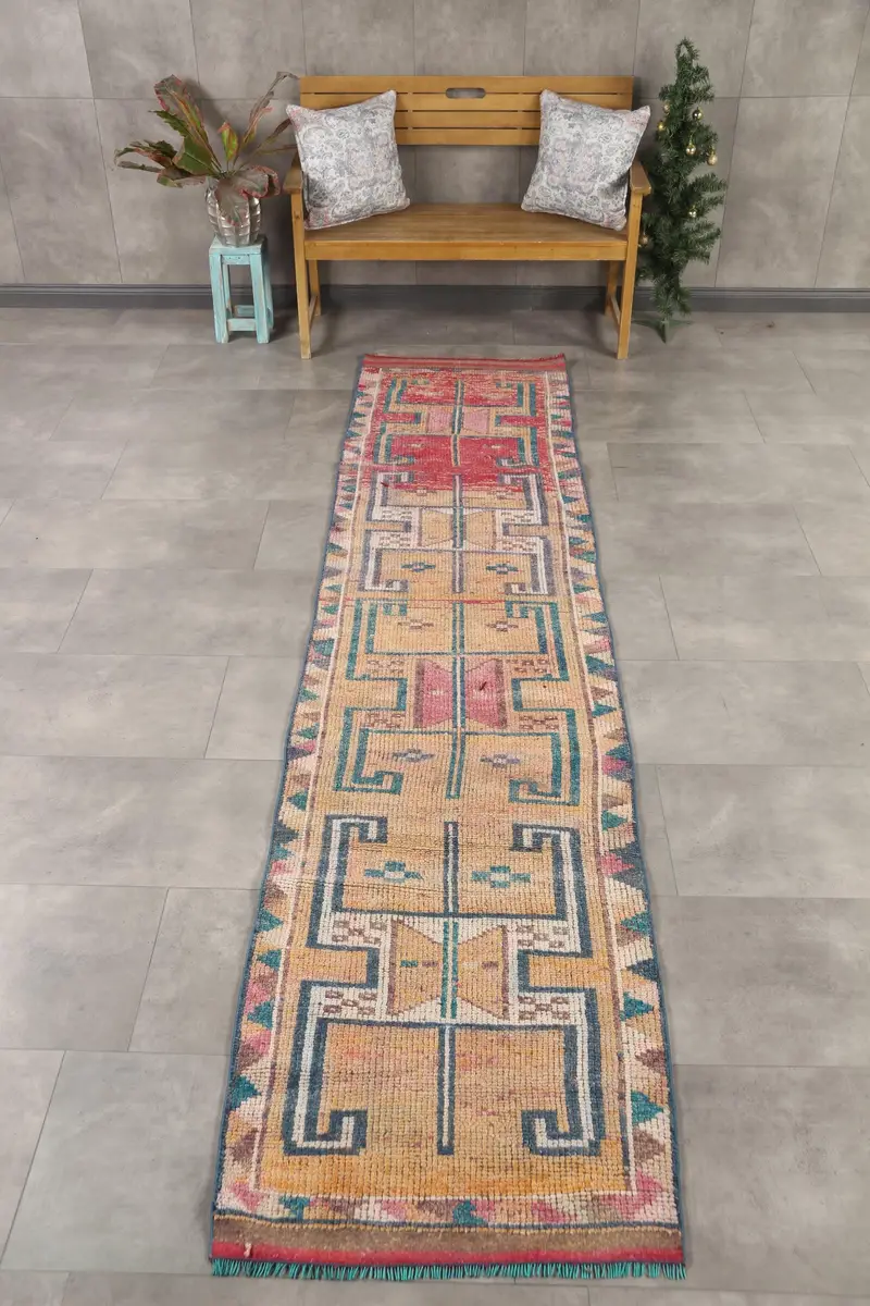 Türk Herki Halısı 2.6x11.5 ft (78x352 cm), Kırmızı Patchwork Vintage Halı - 1