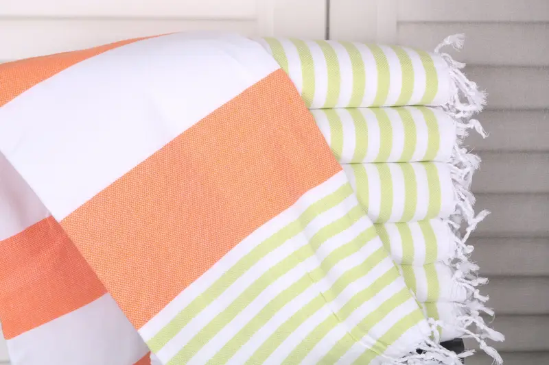 Beach Towel Striped Orange-Light Green Organic Cotton, 40x71 Inches