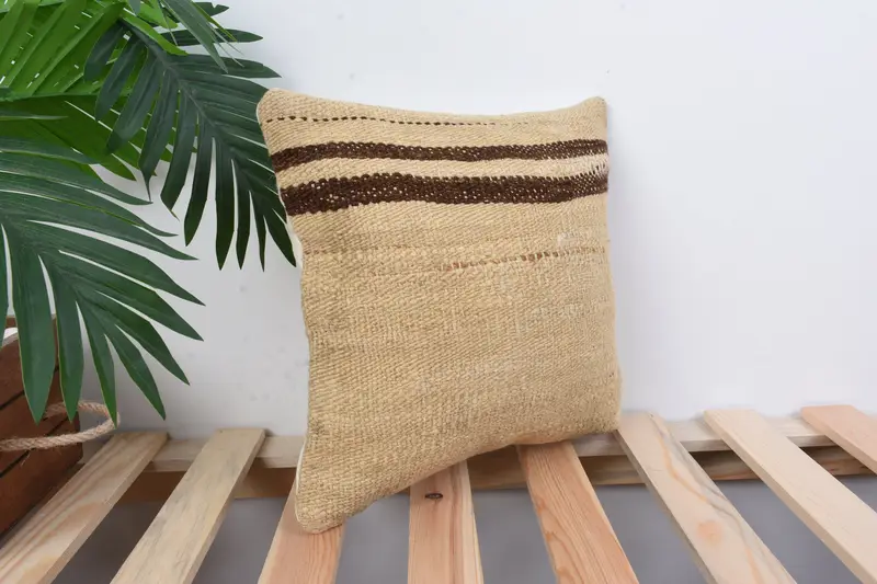 Pillow Sham, Art Deco Pillow Case, 12x12 Beige Cushion Case, Ethnical Kilim Rug Pillow, Accent Cushion, Turkish Kilim Pillow, Vintage Kilim Pillow - 4