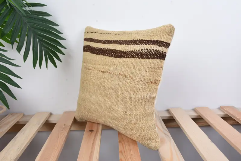 Pillow Sham, Art Deco Pillow Case, 12x12 Beige Cushion Case, Ethnical Kilim Rug Pillow, Accent Cushion, Turkish Kilim Pillow, Vintage Kilim Pillow - 5