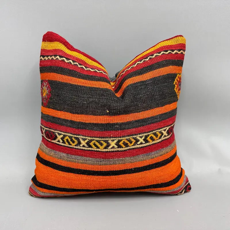 Outdoor Throw Pillow Sham, Ethnical Kilim Rug Pillow, Pillow, Bench Pillow Case, 18x18 Orange Pillow, Vintage Kilim Pillow, Throw Kilim Pillow - 1