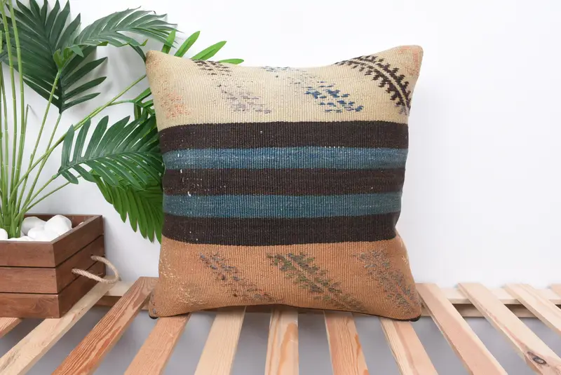 Kilim Pillow, Colorful Pillow Sham, Pillow Sham, Vintage Kilim Pillow, Boho Throw Pillow Case, 18x18 Beige Pillow, Pillow for Couch - 1