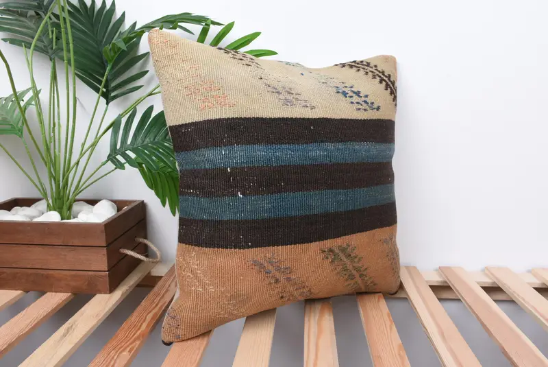 Kilim Pillow, Colorful Pillow Sham, Pillow Sham, Vintage Kilim Pillow, Boho Throw Pillow Case, 18x18 Beige Pillow, Pillow for Couch - 4
