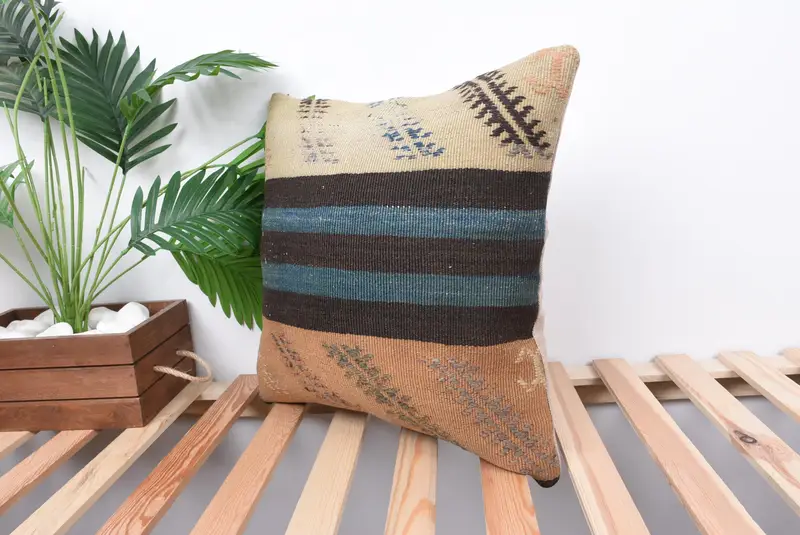 Kilim Pillow, Colorful Pillow Sham, Pillow Sham, Vintage Kilim Pillow, Boho Throw Pillow Case, 18x18 Beige Pillow, Pillow for Couch - 5