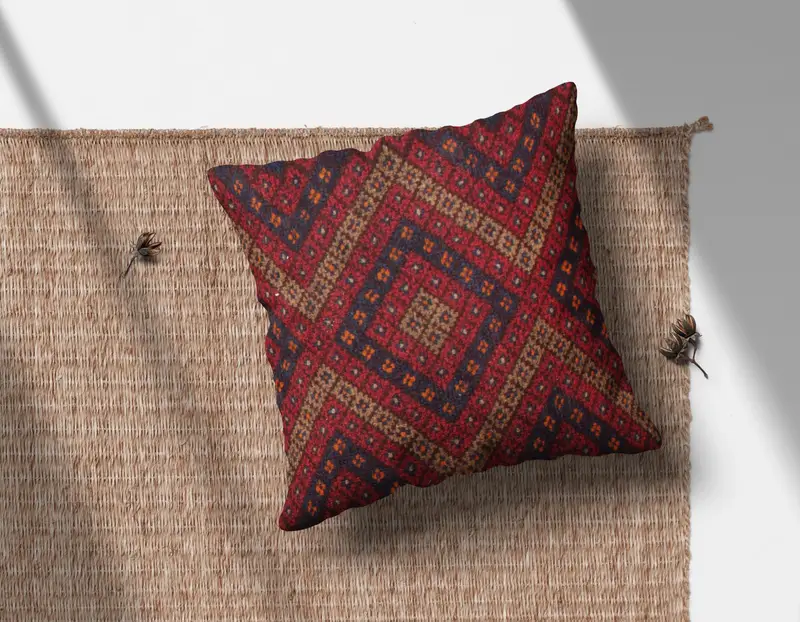 Rot & Braun besticktes Wurfkissen, Vintage Chenille Kissen