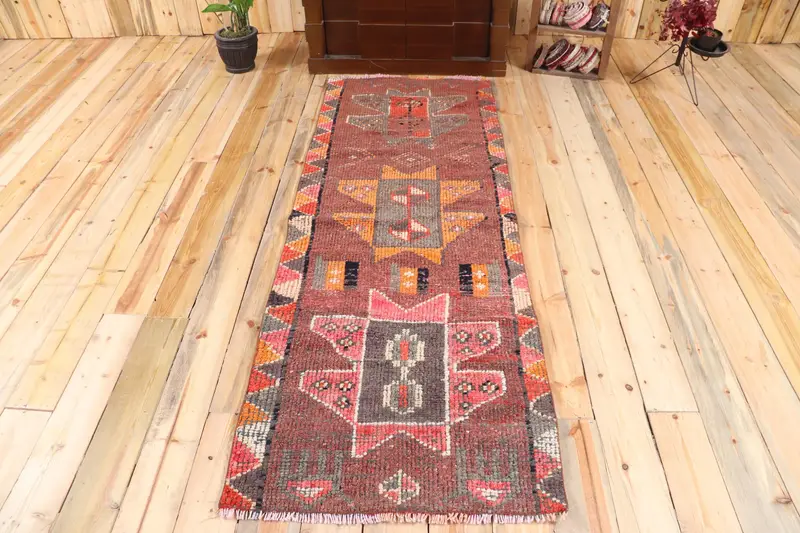 Türk Yolluk Halısı 2.7x7.2 ft, Kırmızı Turuncu Puantiyeli Yün Halı - 1