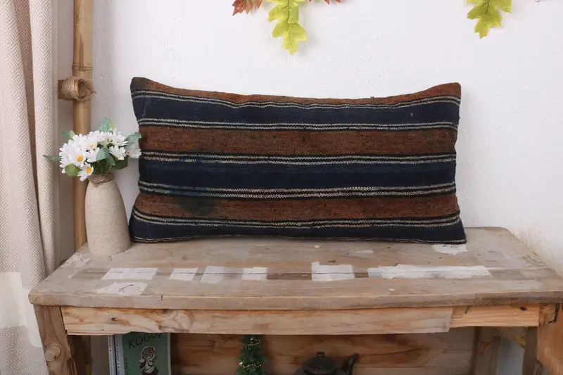 Vintage Kilim Pillow, Turkish Kilim Pillow, Shabby Chic Pillow Cover, 12x24 Blue Pillow Sham, Interior Designer Pillow, Pillow Case - 1